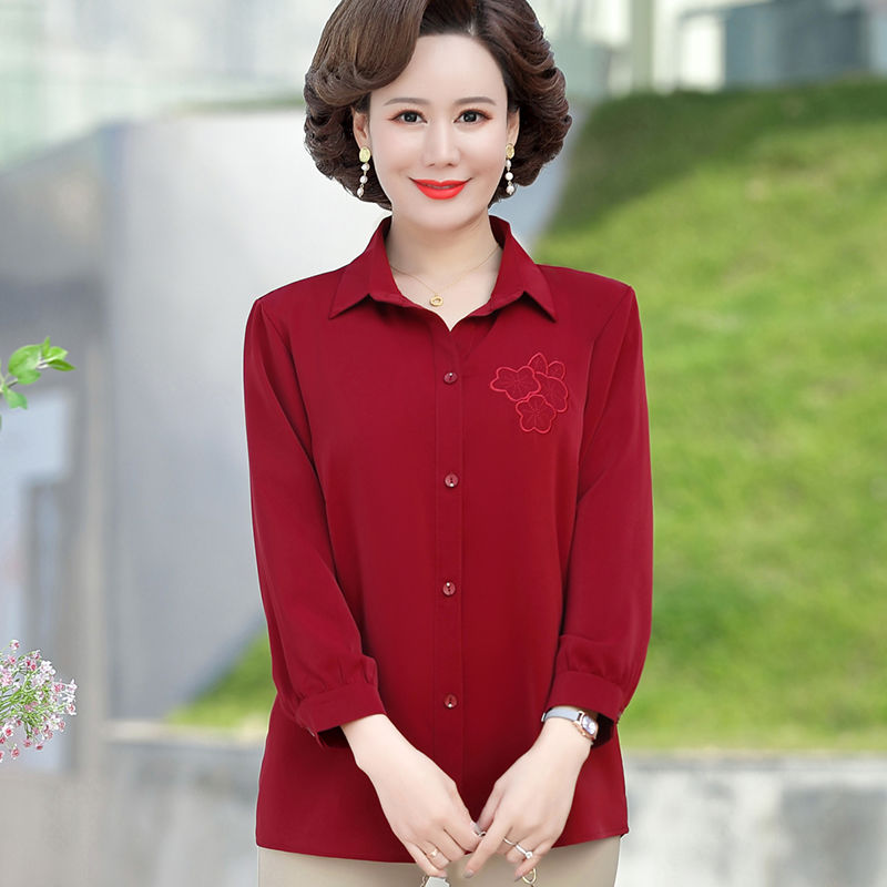 妈妈装长袖绣花衬衫中年女衬衣春夏新款时尚大码洋气中老年女上衣