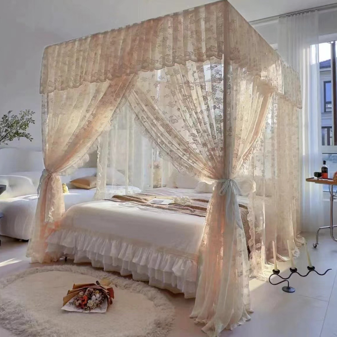 加厚加密蕾丝蚊帐法式公主落地式三开门卧室双人宫廷睡帐烤漆支架