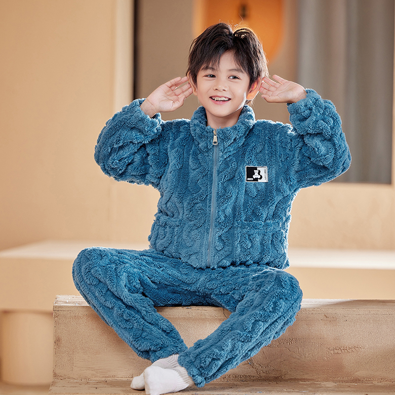 秋冬季儿童法兰绒睡衣女童女孩加厚款珊瑚绒套装男童家居服加绒