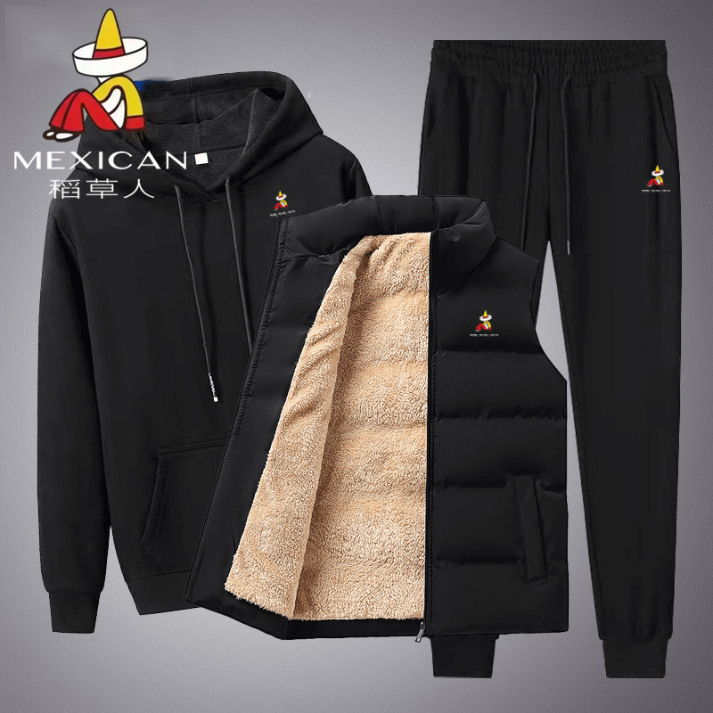 Mexican/稻草人秋冬男士加绒马甲三件套休闲运动潮流百搭加绒套装