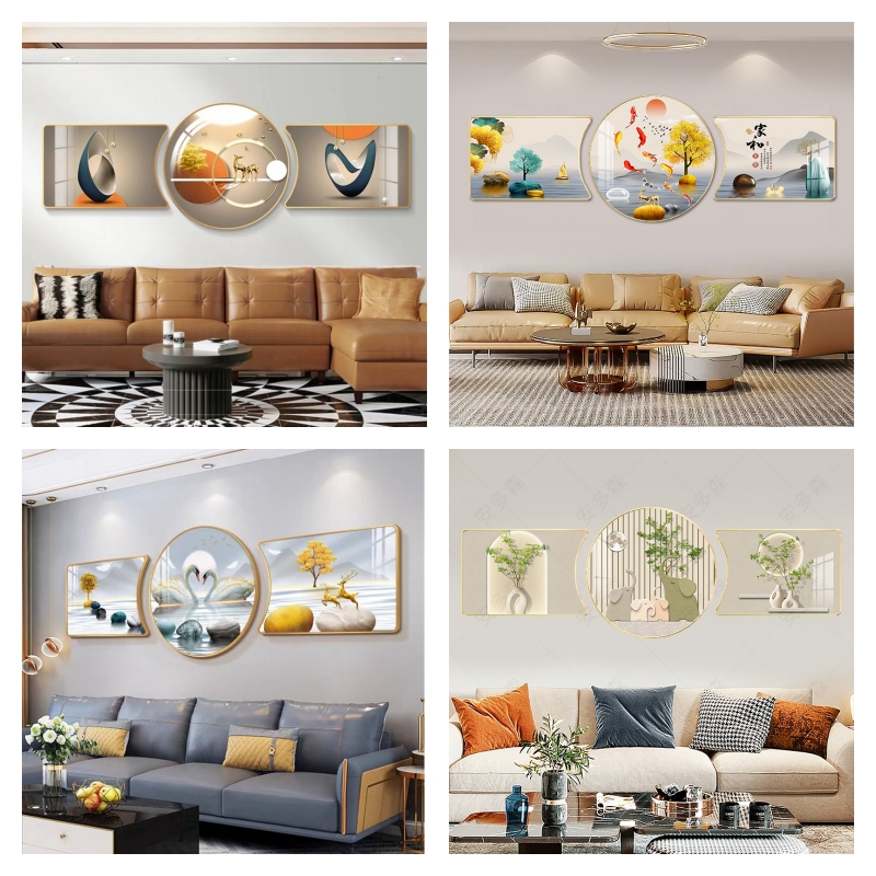客厅装饰画晶瓷新中式挂画现代简约壁画圆形客厅画珠联璧合异形画