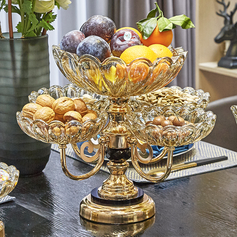 新款360°旋转水果盘创意装饰摆盘欧式客厅茶几水晶玻璃多层干果盘