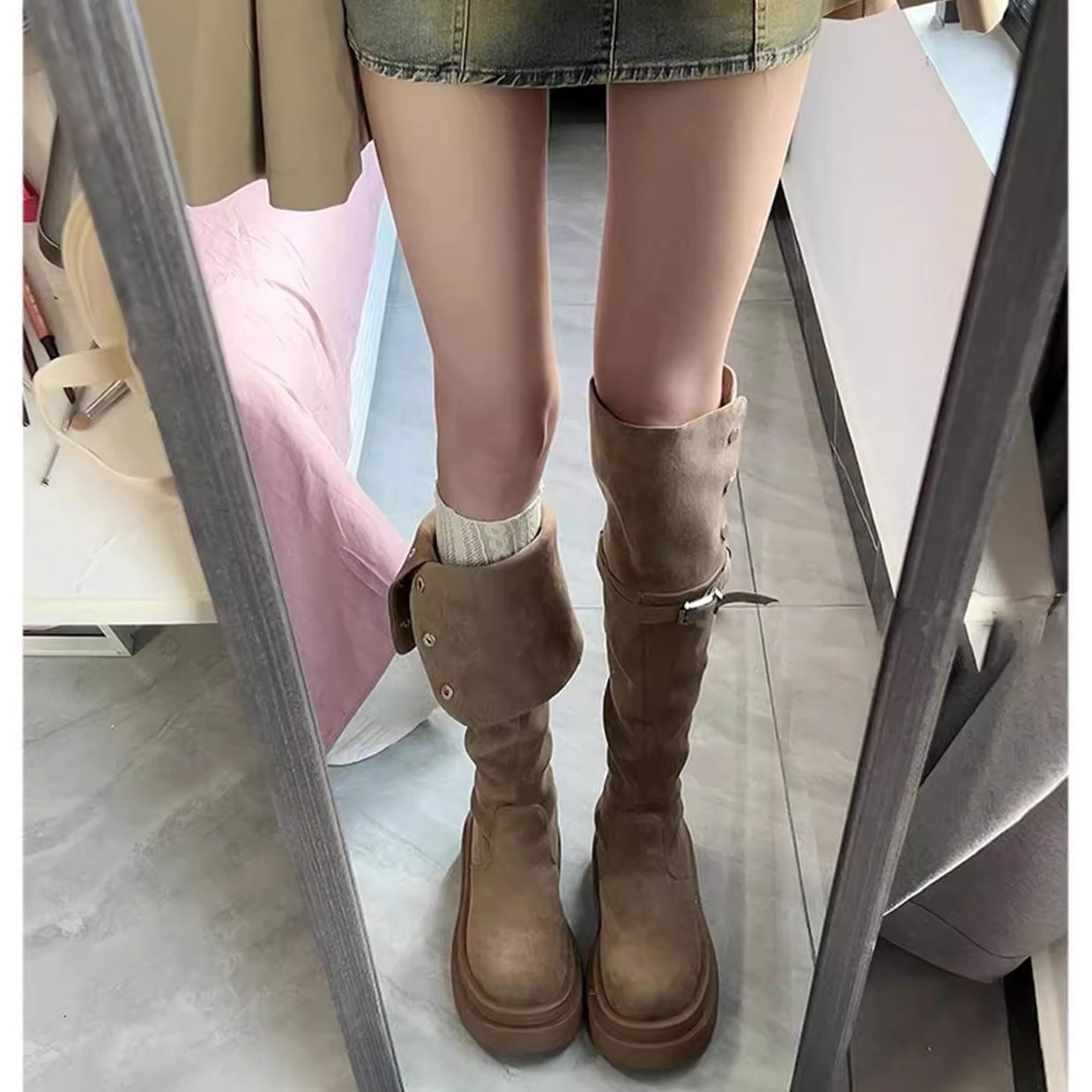 厚底长筒靴女2025新款秋冬季不过膝绒面百搭女款显瘦靴子女长筒靴