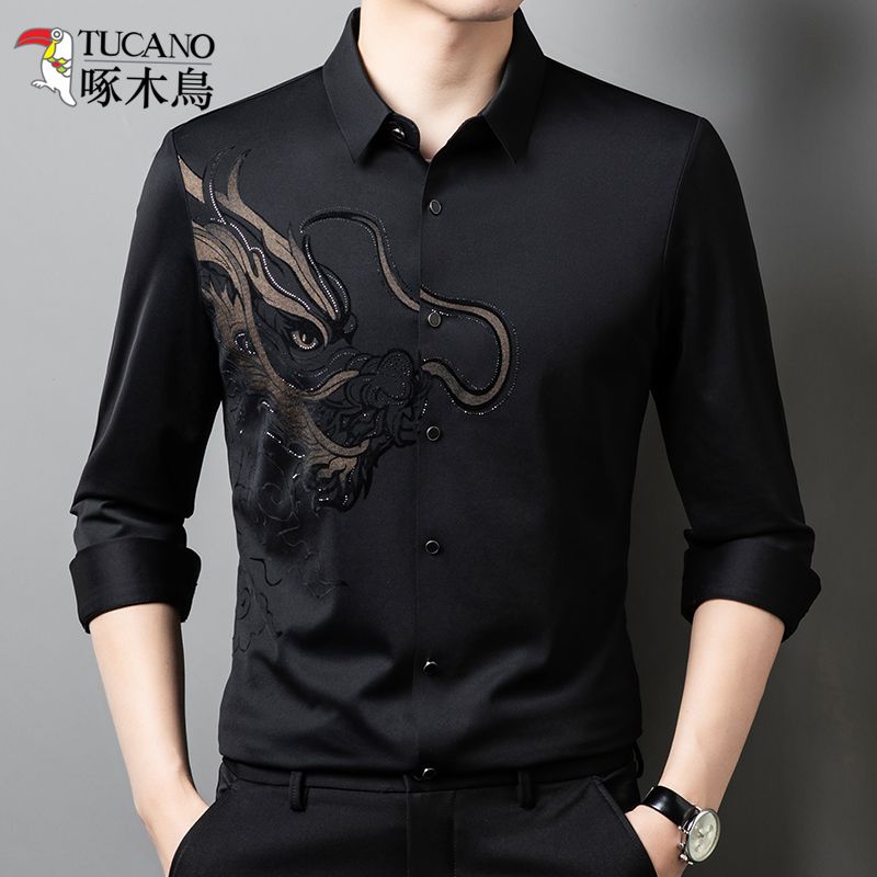 啄木鸟冬季新款男士商务休闲中年无痕免烫加绒加厚龙图案保暖衬衣