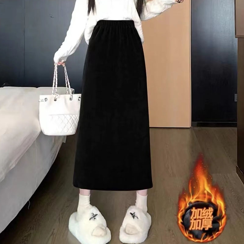  加绒加厚包臀半身裙韩版松腰高腰欧棉绒女秋冬直筒休闲长裙女