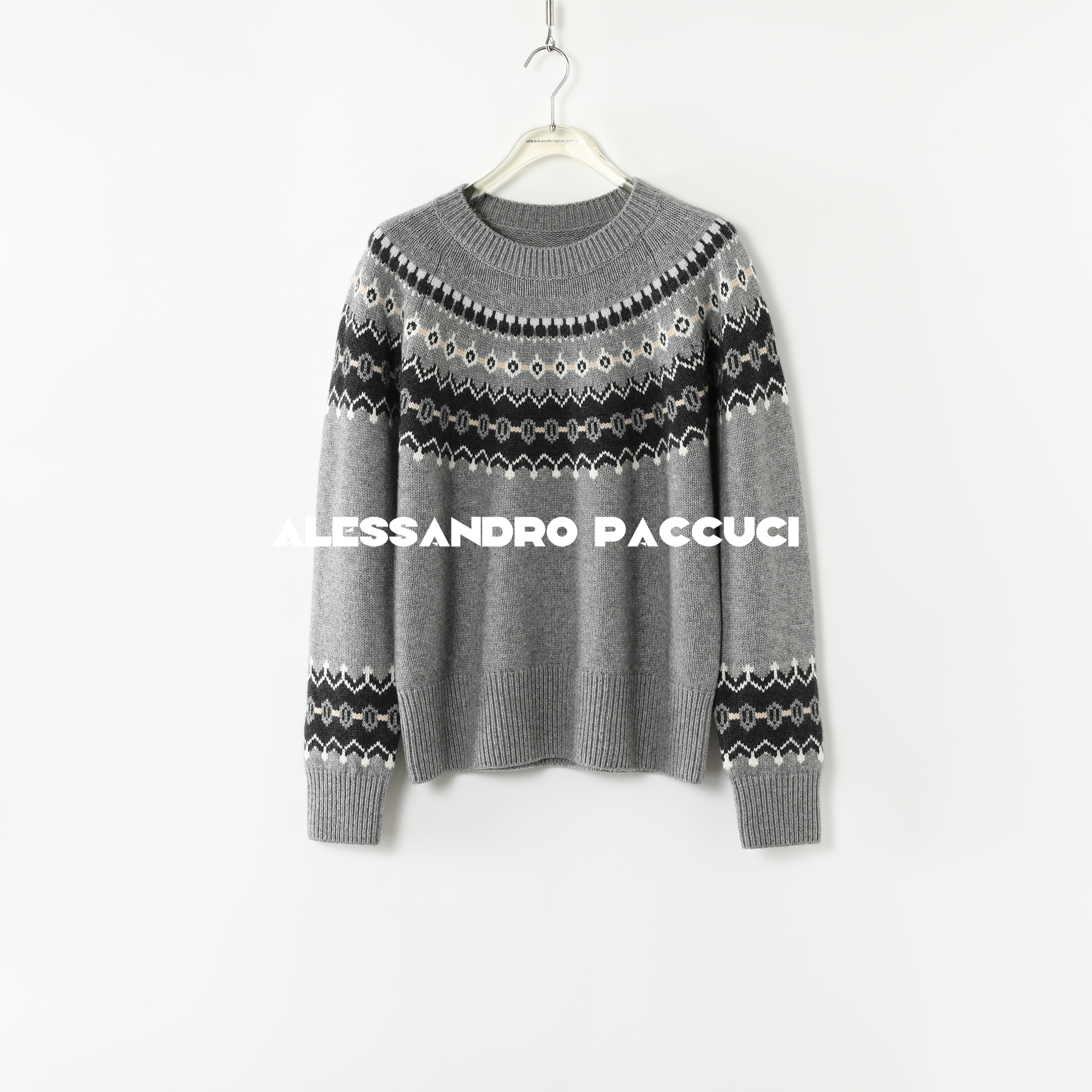 AP洛哥44249ST【费尔岛叙事/90羊毛10羊绒】提花北欧灰色圆领毛衣