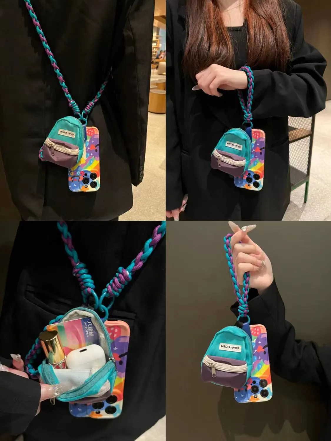 多巴胺潮流旅游小书包手机壳通用斜挎绳高颜值耳机零钱收纳包挂绳