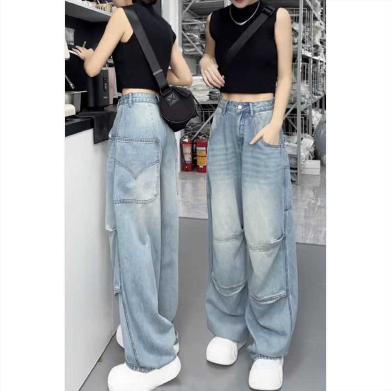 艾塔莉阔腿工装牛仔裤女秋冬新款香蕉裤加绒加厚哈伦裤大码弯刀裤