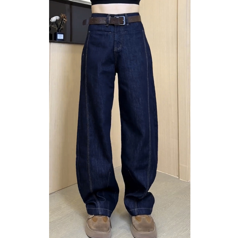 艾塔莉加绒加厚阔腿牛仔裤女秋冬新款弯刀裤胖mm香蕉裤大码拖地裤