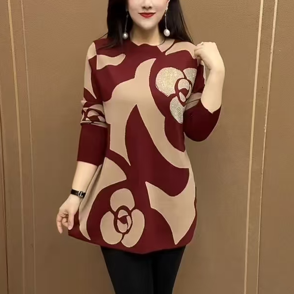 冬款时尚镶钻印花针织衫女2025新款宽松显瘦百搭减龄中老年保暖衣