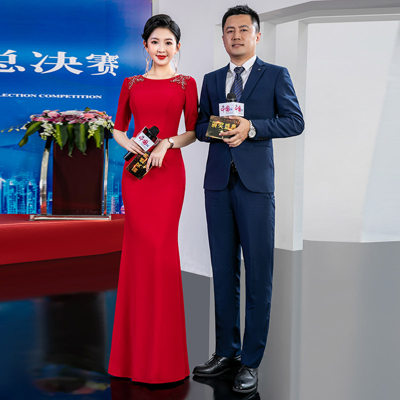 9291妈妈喜婆婆喜妈妈宴会结婚连衣裙女年会主持人走秀礼服晚宴服