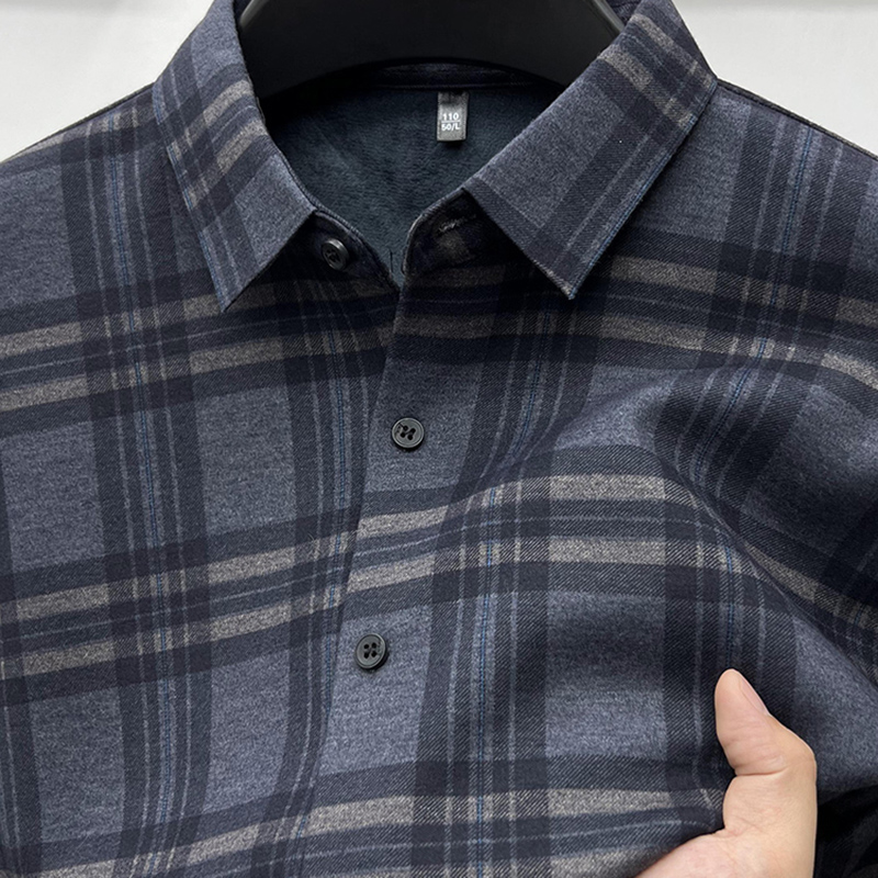 Zero Degree North轻奢格子男士加绒加厚长袖衬衫秋冬内搭衬衣