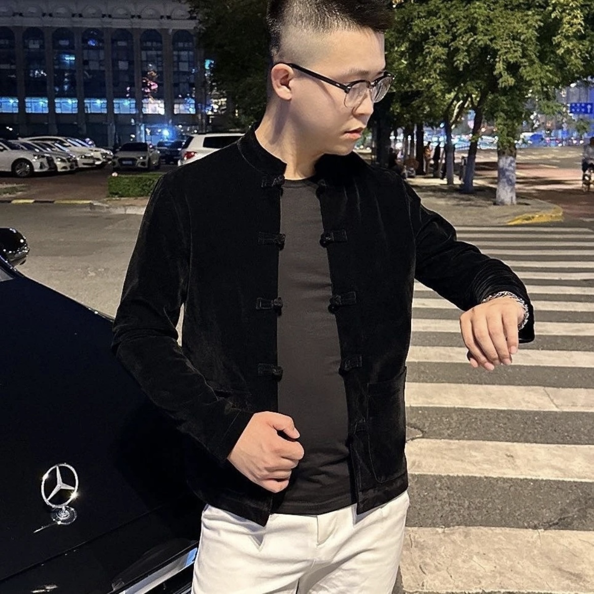 秋冬金丝绒唐装外套修身男士修身立领黑色夹克中国风盘扣夹克男