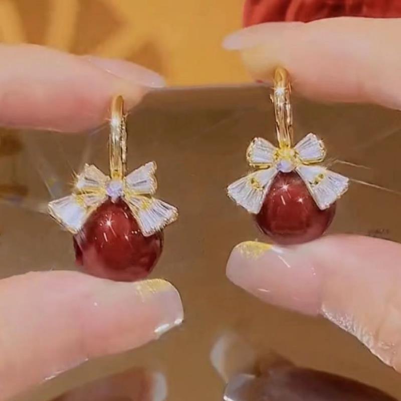 925银耳饰 轻奢高级感蝴蝶结红色仿珍珠晶晶石耳环女秋冬款小众设