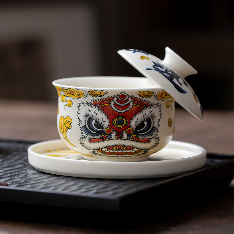 国潮醒狮布袋悬停旋转三才盖碗茶杯单个高档泡茶碗陶瓷壶承功夫具