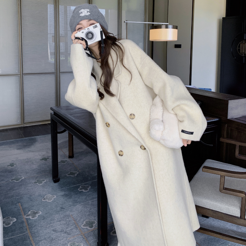 米白色双面羊毛大衣女秋冬新款2025高级韩系温柔风中长款毛呢外套