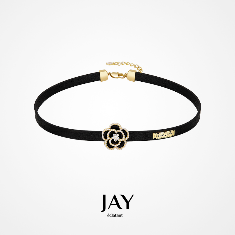 Jay 合金皮质项链 黑色山茶花颈链女款 复古锁骨链choker装饰项链