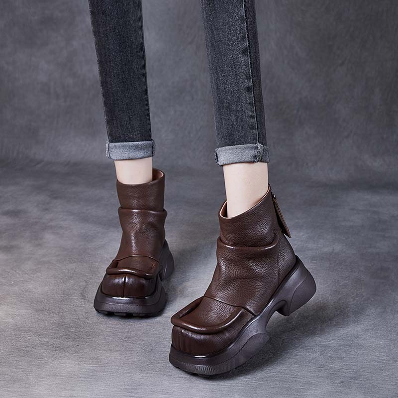 2023秋冬新款复古软底方头个性方头短靴秋冬百搭单靴厚底马丁靴女