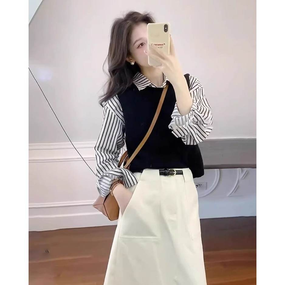秋装上衣流行气质高级感时髦洋气减龄衬衫马甲半身裙三件套装女装