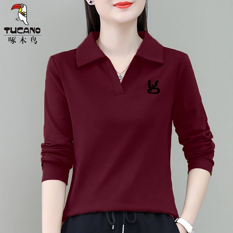 清仓捡漏啄木鸟品牌大码春秋季长袖T恤女时尚百搭修身翻领打底衫