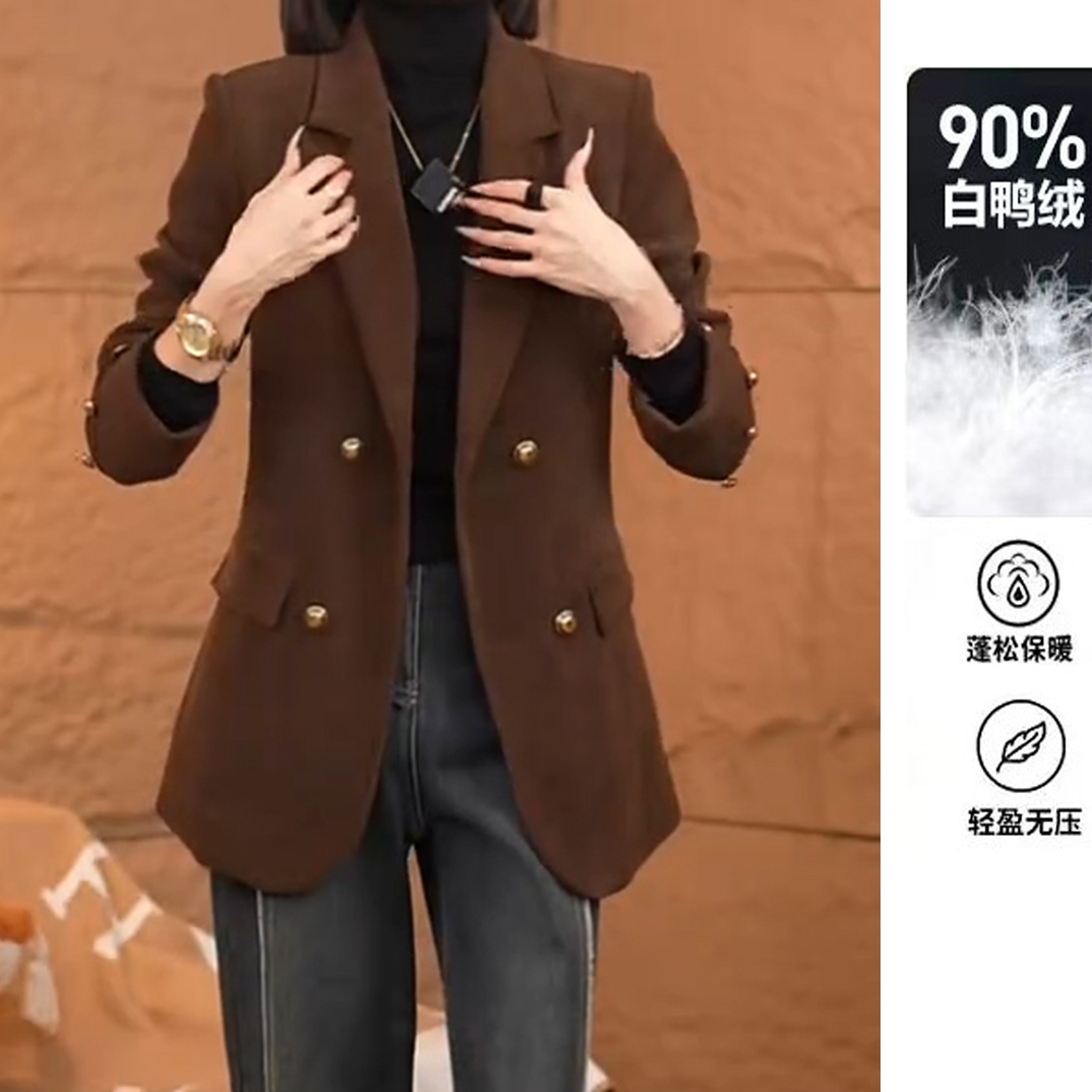 白鸭90绒复古高级感条纹灯芯绒黑色西装外套女气质休闲显瘦上衣