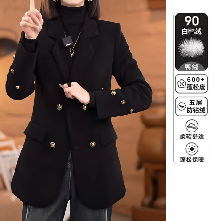 白鸭90绒西装外套女条纹复古高级感灯芯绒黑色气质休闲显瘦西服