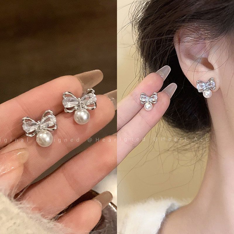 蝴蝶结珠珠耳钉女春夏小巧精致高级感耳饰2024年新款时尚气质耳环