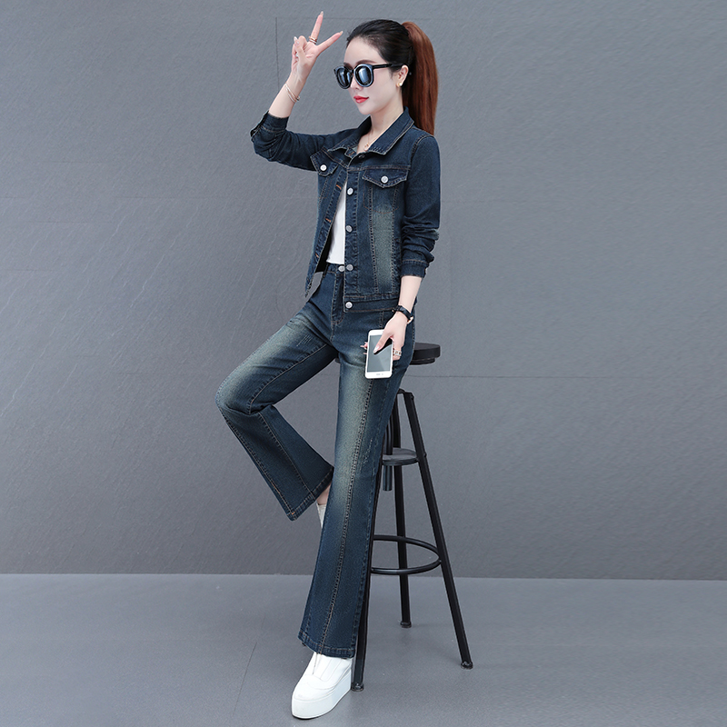 牛仔套装女新款气质减龄洋气显瘦短款上衣时尚牛仔套胖妹减龄套装