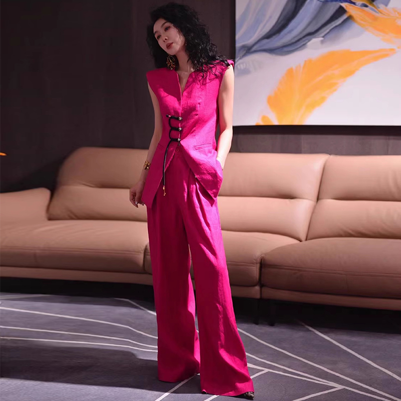 高定职业装女超好看玫粉色纯天然亚麻西装马甲阔腿裤两件套夏季