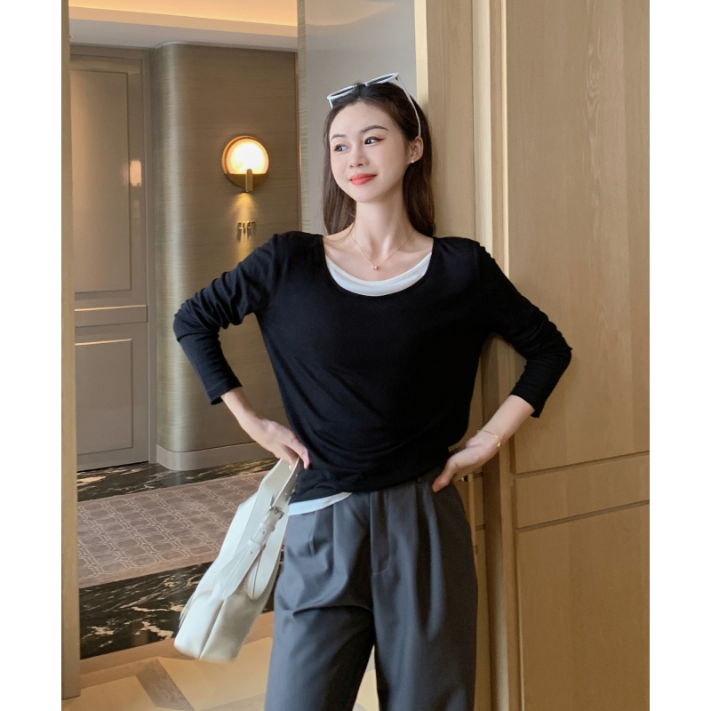 美洋MEIYANG 双层面膜T恤 桑蚕丝莱赛尔时尚假两件拼接长袖打底