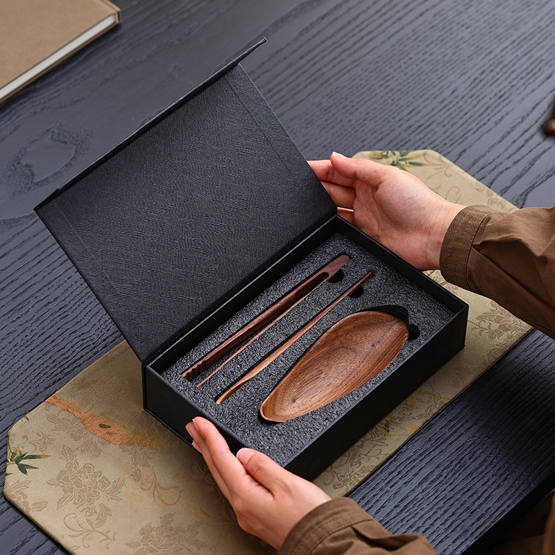 土焱传胡桃木荷瓣实木茶则三件套礼盒装茶拨茶勺茶夹茶荷茶具配件