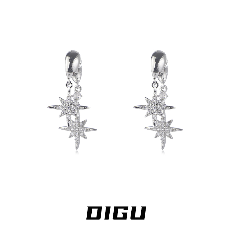 嘀咕家 铜合金合成锆石耳饰 精致满钻前后式双层六星芒耳环耳钉女