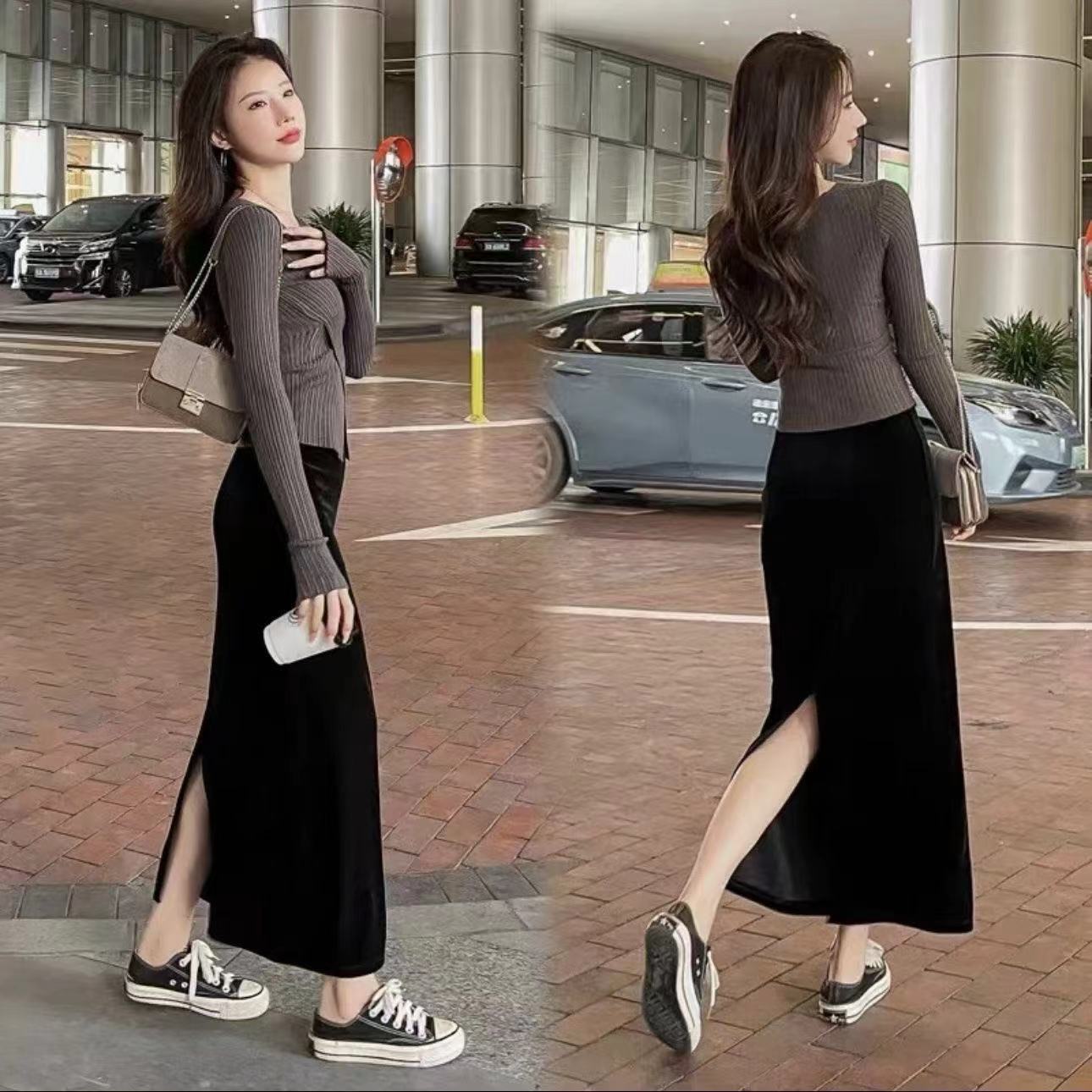 【工厂直发】2025秋冬金丝绒百搭裙新款女装修身显瘦中长款半身裙