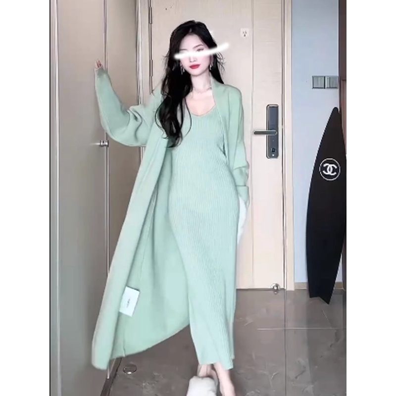 新款时尚宽松显瘦长款两件套开衫2024吊带气质秋冬连衣裙套装针织