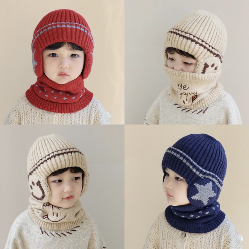 儿童帽子围脖二件套秋冬男童加绒护耳帽女童加厚保暖毛线宝宝套帽