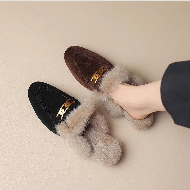 新中式简约平底毛毛拖鞋女外穿磨砂棉拖鞋穆勒鞋秋冬季单鞋包头