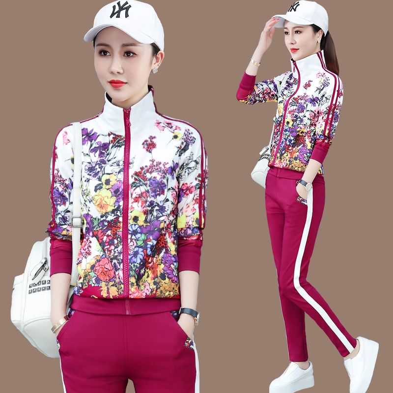 印花休闲套装女春秋款潮流显瘦时尚立领运动服跑步宽松大码两件套