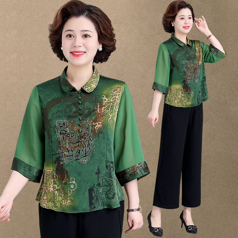 中年妈妈夏装上衣小衫洋气两件套中老年人女初秋七分袖阔腿裤套装