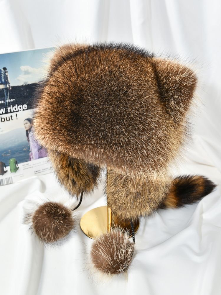 叶海洋同款皮草帽子冬季保暖进口美洲貉子毛护耳帽小浣熊帽男女同