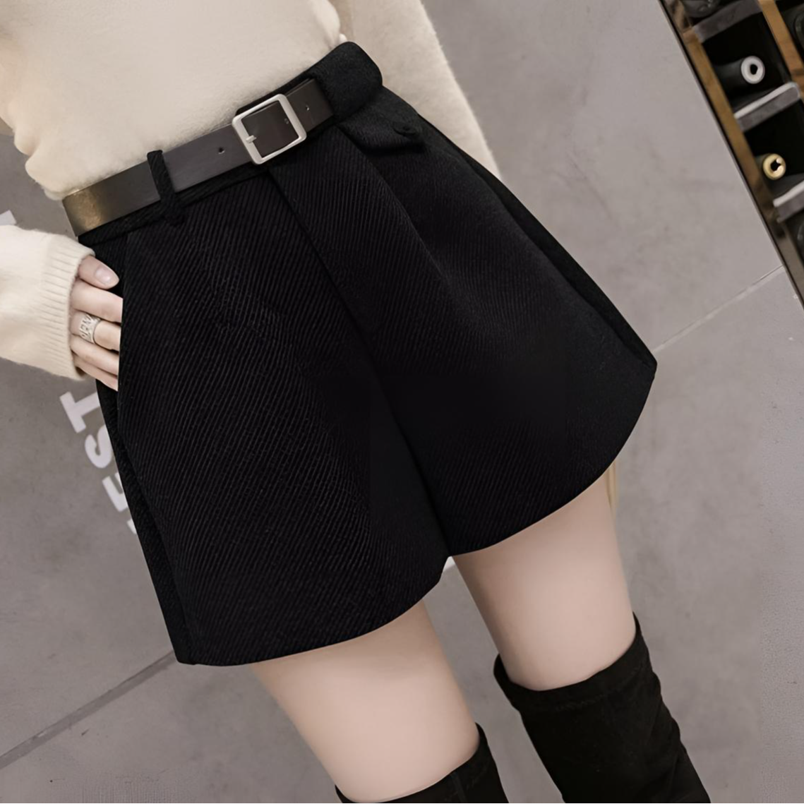 毛呢短裤韩版女式短裤秋冬阔腿外穿黑色网红显瘦时尚宽松高腰a字