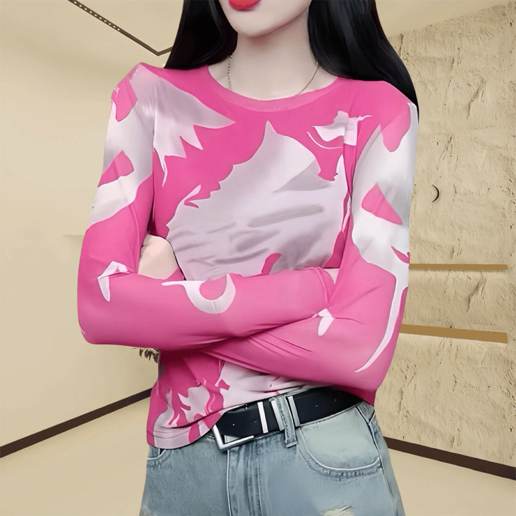 2025秋冬印花网纱长袖T恤时尚潮牌新款修身显瘦妈妈装女款圆领t恤