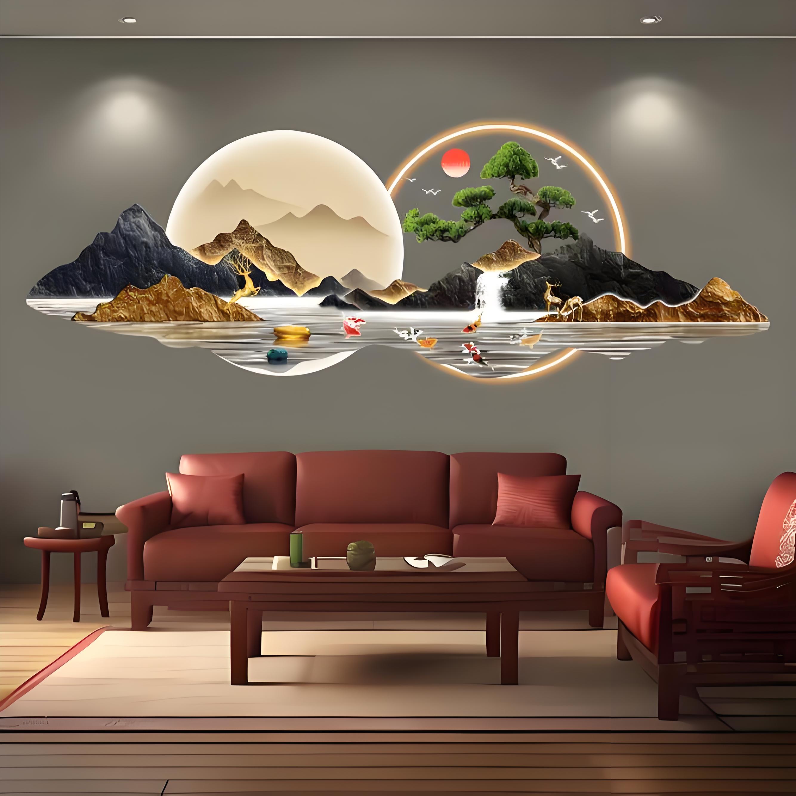 亚克力流水生财迎客松装饰画日照金山新中式轻奢客厅背景墙挂画