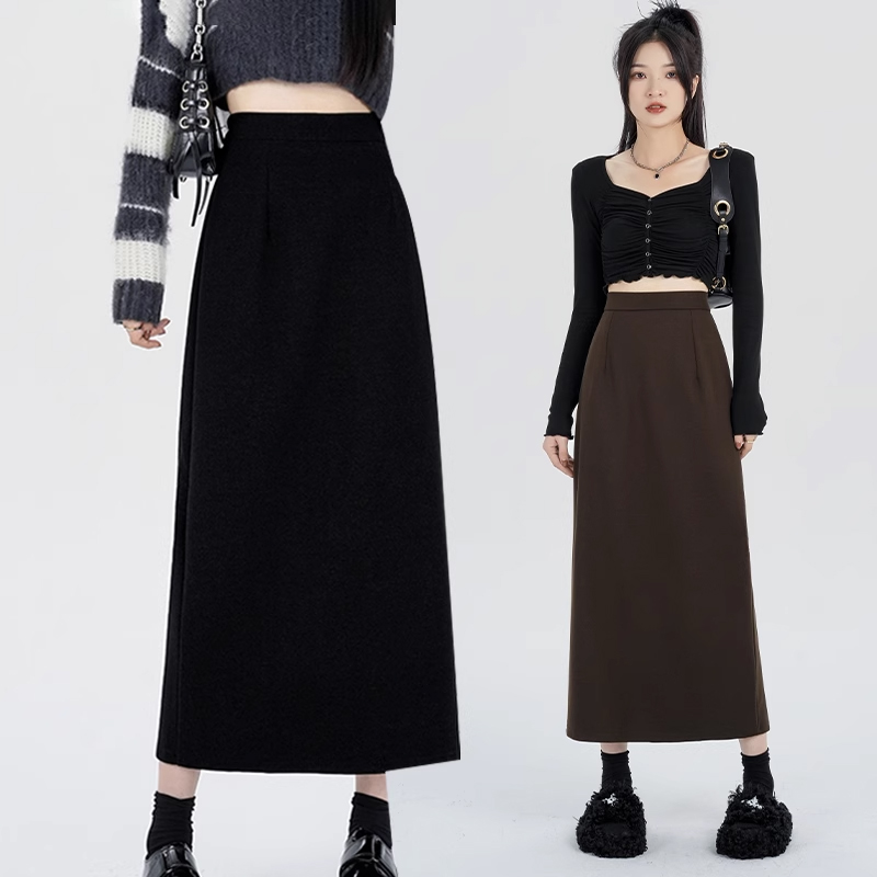赫本风黑色显瘦毛呢半身裙高腰后开叉中长款a字裙秋冬直筒包臀裙