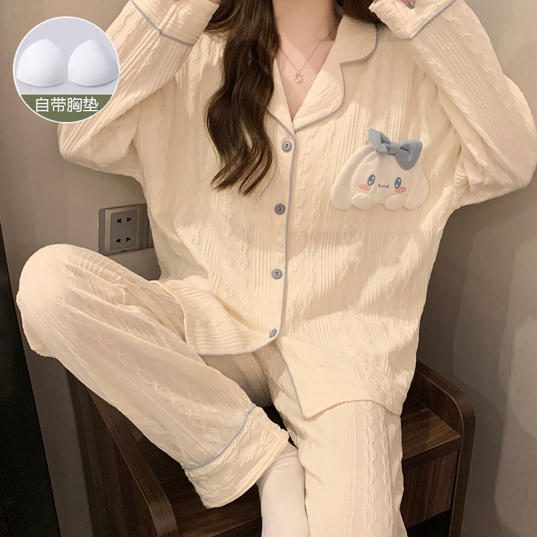带胸垫长袖睡衣女春秋季女士睡衣韩版甜美宽松可爱家居服套装