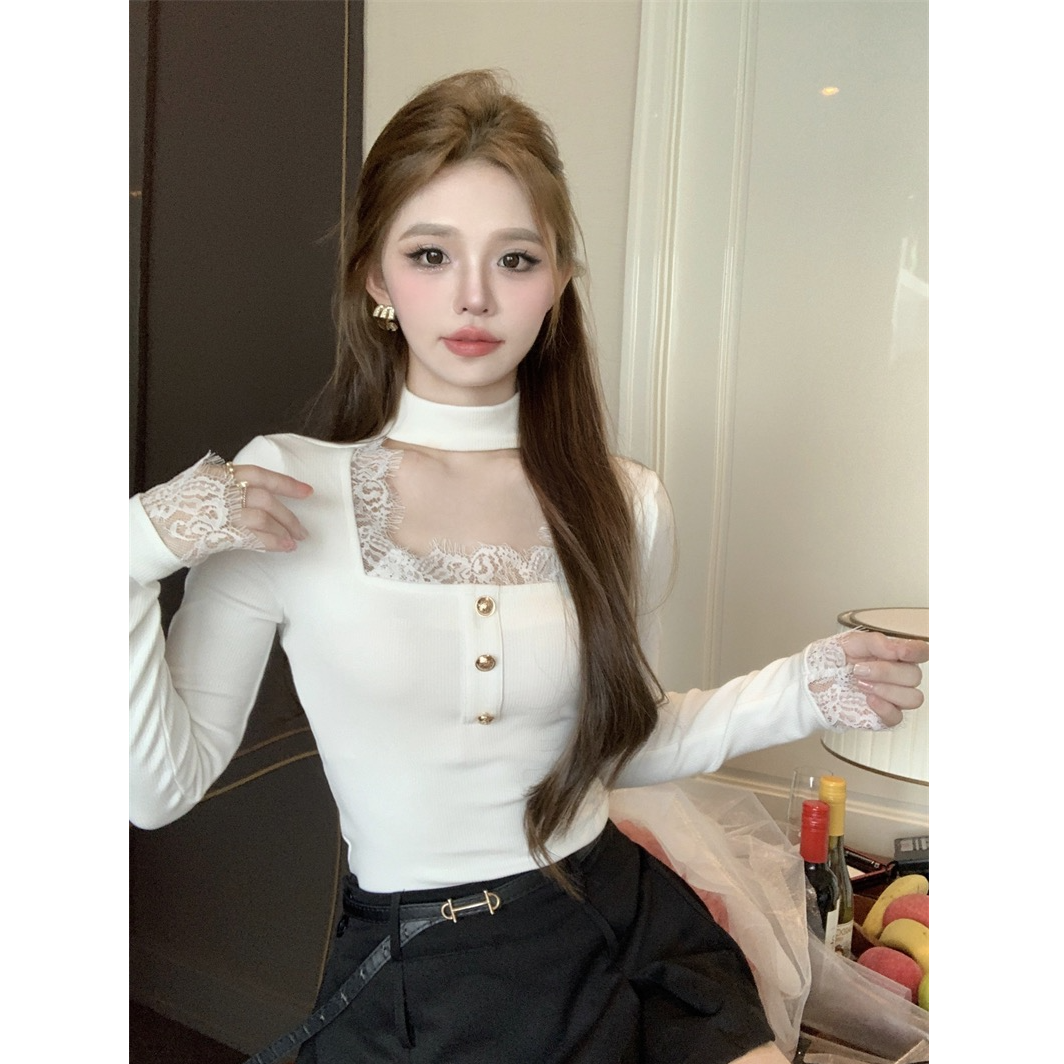 纯欲方领蕾丝拼接长袖t恤内搭抓绒打底衫女正肩修身上衣