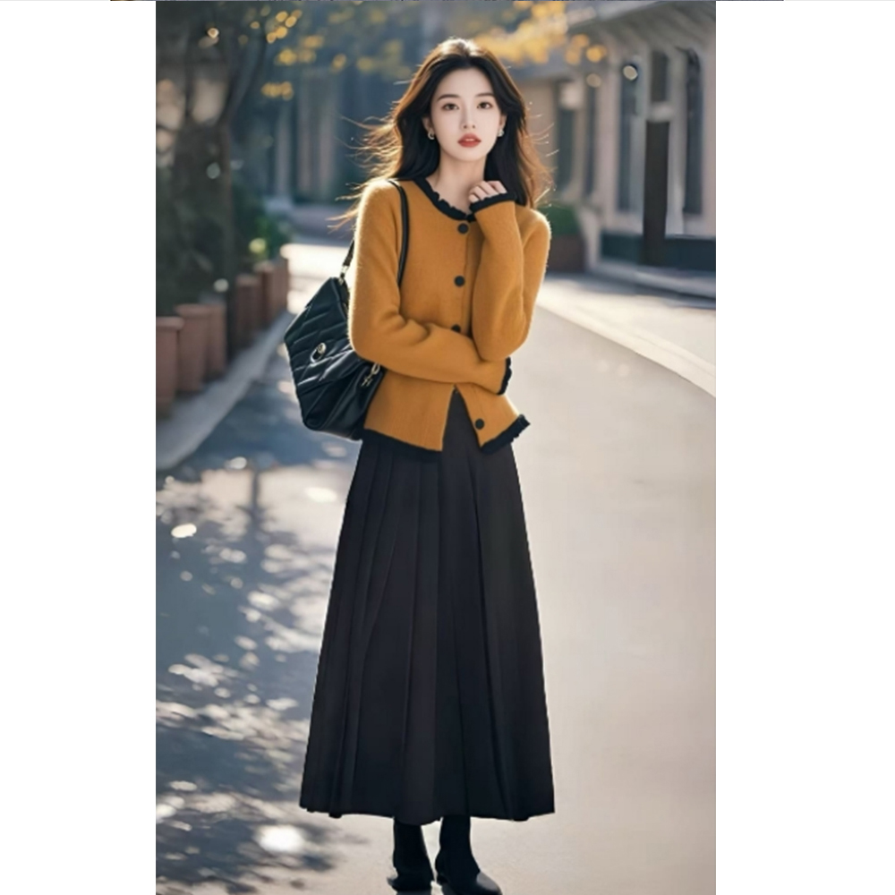 2024新款今年流行冬季高级感超好看黄色设计感厚毛衣裙子套装