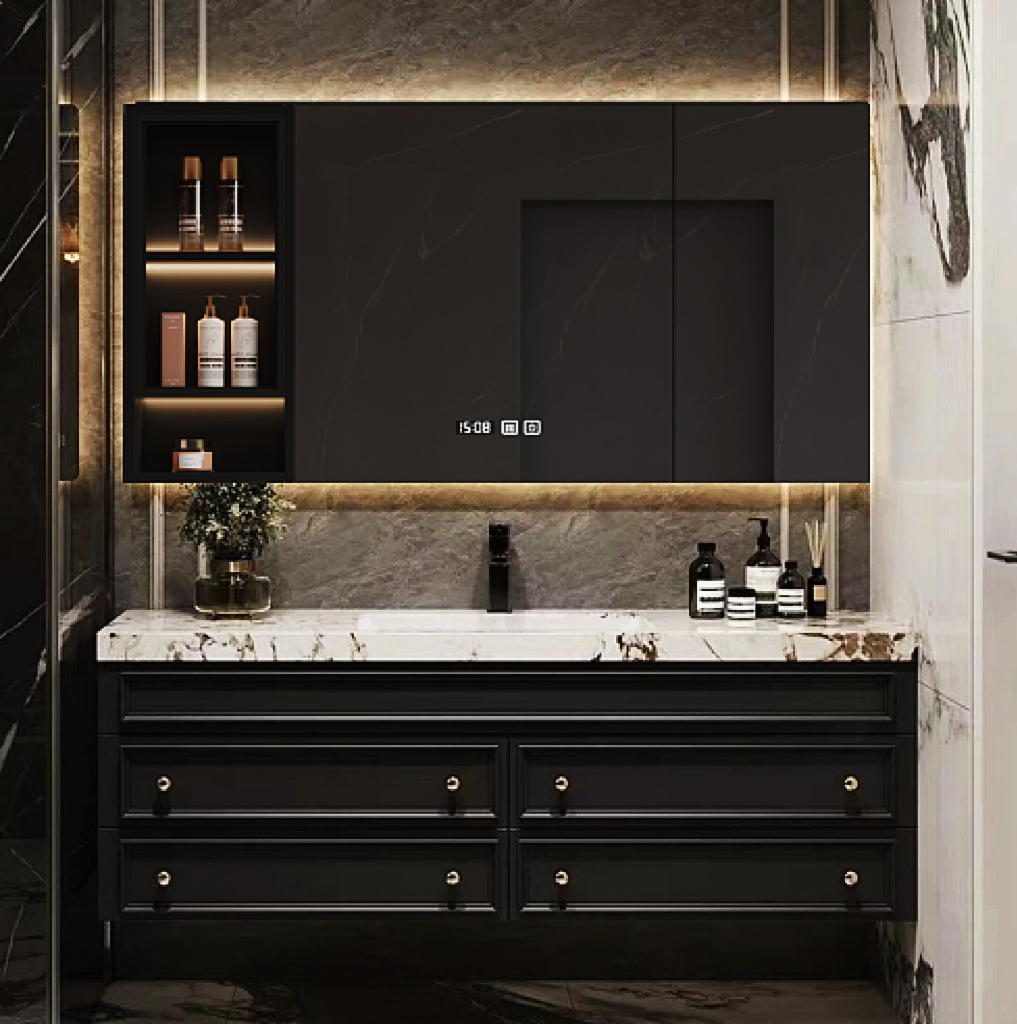 法式轻奢浴室柜组合实木洗脸池岩板洗手台盆卫生间复古洗漱台定制