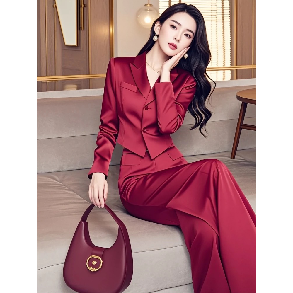 轻奢高级感贵气穿搭一整套时尚小香风女神范红色西装上衣裤子套装