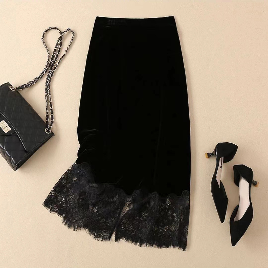 2024春季新款气质高腰黑色半身裙复古丝绒拼接蕾丝显瘦半身裙女
