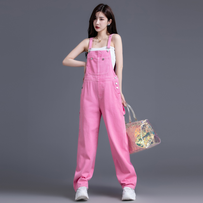 粉色牛仔背带裤女2025春秋季新款时尚彩色女孩直筒连体裤阔腿裤子